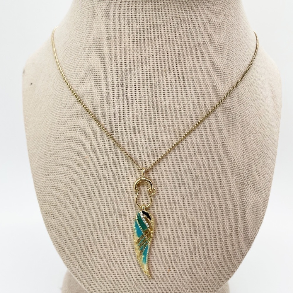 Gold Tone Faux Turquoise Blue Green Wing Feather Pendant Rhinestone Necklace